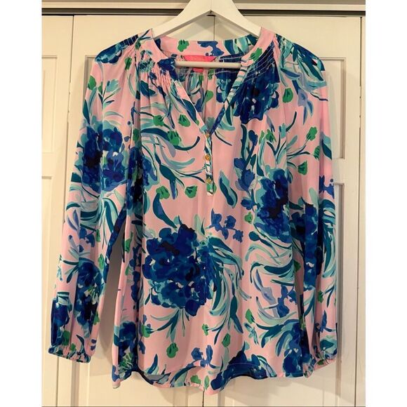 Lilly Pulitzer Elsa 100% silk popover top in sweet pea size small - Picture 3 of 10